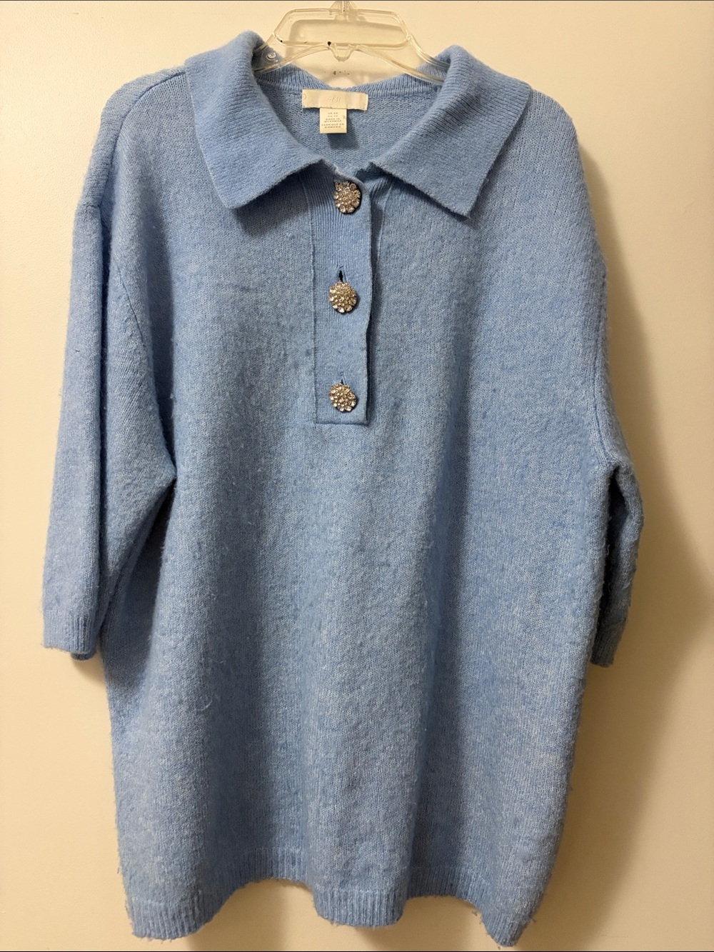 H&M Light Blue Knit Polo Sweater XS Rhinestone Crystal Buttons